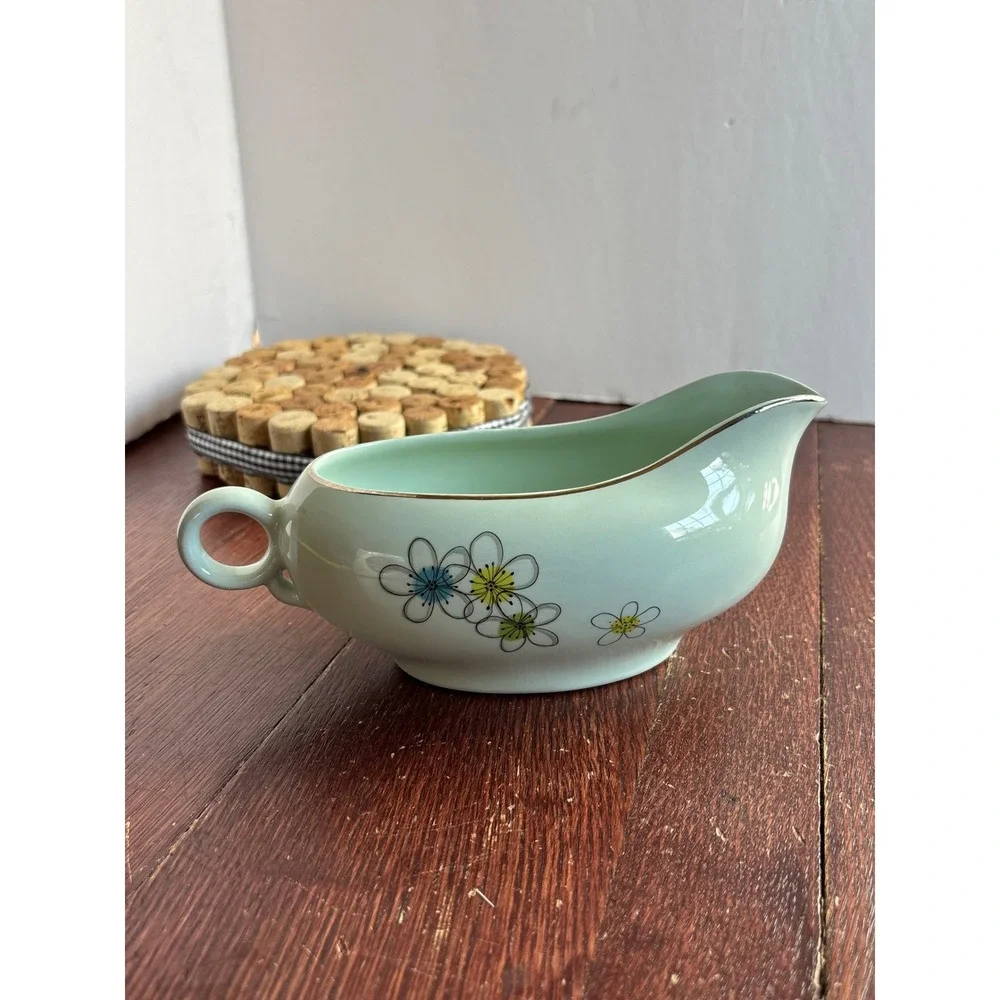 Vintage Mid‎ Century Mint Green Floral Gravy Boat Atomic Flower Ceramic Gold Rim